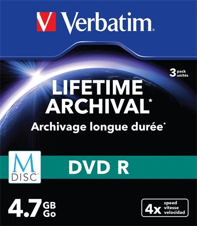 VERBATIM M-DISC archiváló DVD R lemez, 4,7 GB, 4x, vékony tok, 3db